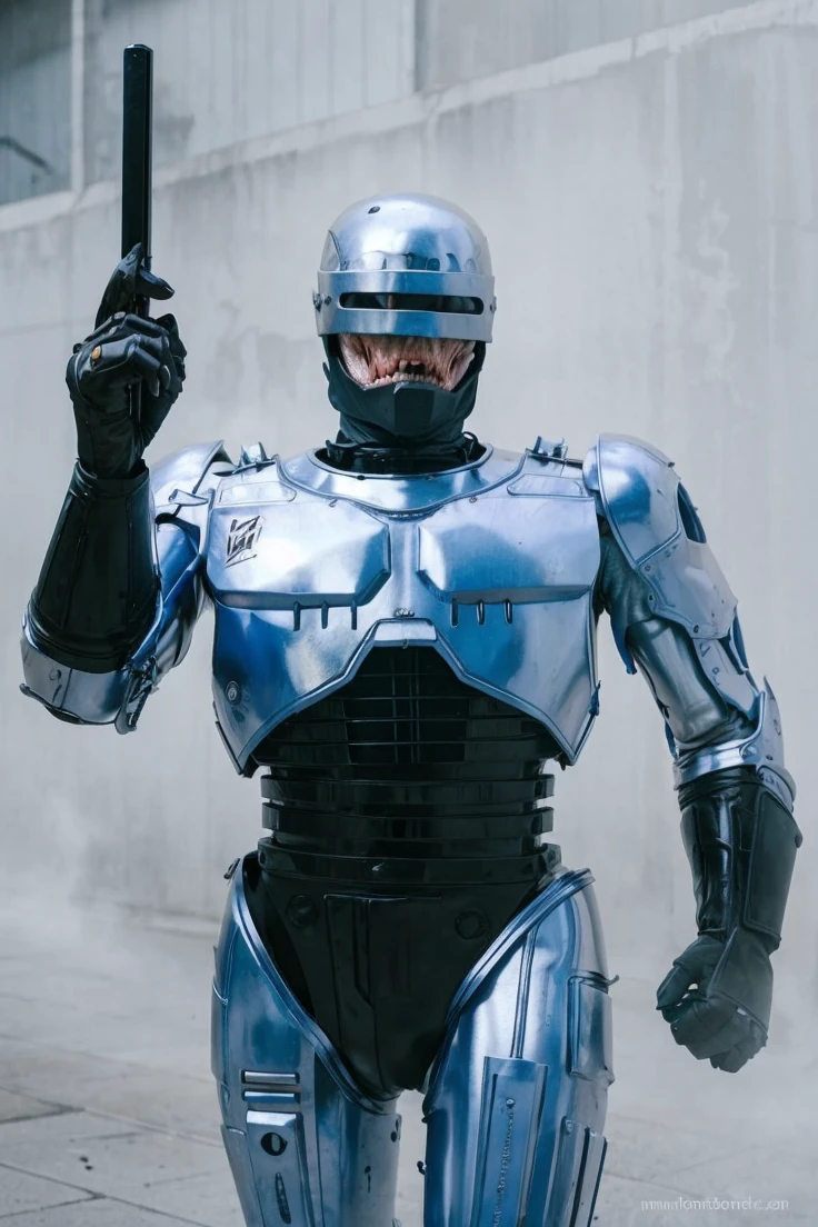 1 person, Young people,Slim figure， White skin， Robocop, Dark blonde hair, Curtain Hairstyle, sporty, Volumetric lighting,Tight waist，Thin legs，Highlighting the black latex bodysuit，Latex gloves，Abdominal muscles，Overall appearance，male胸肌，Squat，Spread your legs，Beardless，No body hair，Black leather boots，No chest hair，Beardless，Thrust your belly forward，Protruding crotch，Show me your crotch，Stick your butt out，Neck strap，male，Black leather boots，personal
