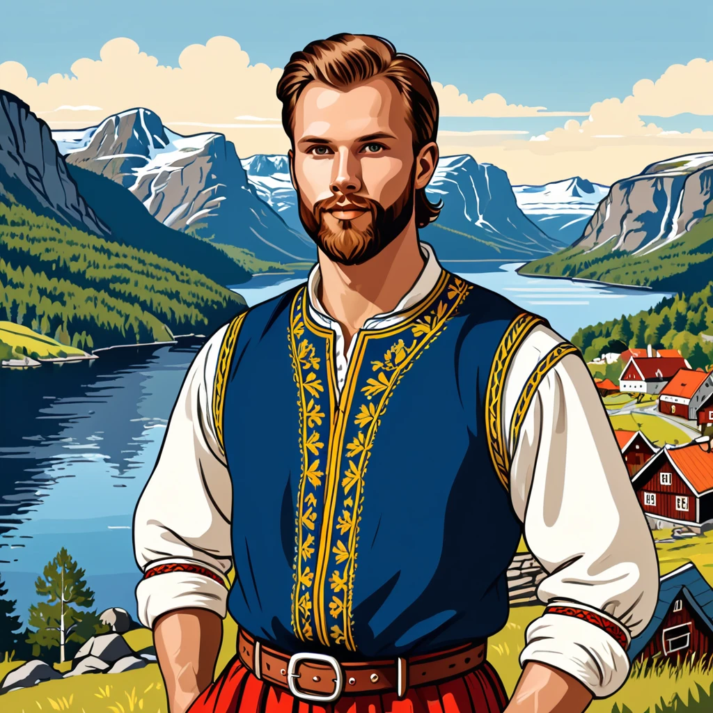 man in sweden folk outfit, vector graphics, strong contours
