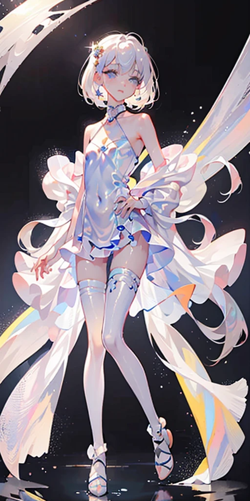 A girl、baby face、very cute、Slim and beautiful、((small :1.2))、eyes well drawn、Charming eyes、Double tail、Wear jewelry and pearls around your neck,Transparent openwork、Deep V、Crystal Pearls、在Wear jewelry and pearls around your neck,White hair, Show your thighs, Bare shoulders, Show Clavicle, Yao Liu, barefoot,((whole body))、Painful posture