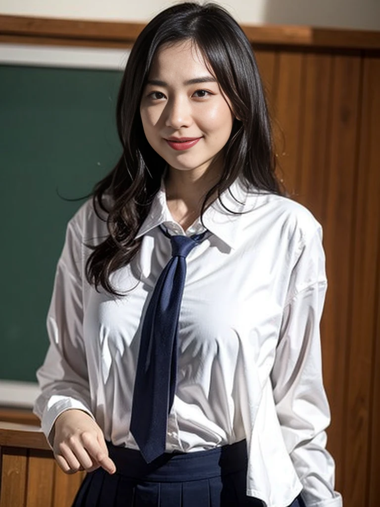 Classroom Background、pubic hair、Large Breasts、Thighs、Red lipstick、(((Glaring)))、Curly Hair、Disheveled Hair、Cute woman、high school girl、White shirt、Navy frill mini skirt、Open chest shirt、tie、smile、A shirt with underwear showing through、