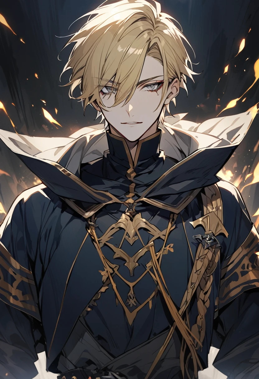 Handsome, solo, 1 male, short hair, grey eyes, blond hair, dark blue clothes, necromancer