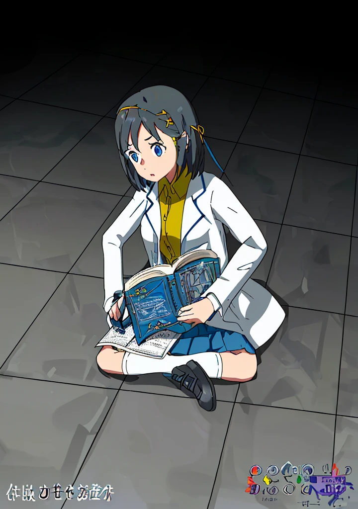 Girl, dark hair, blue eyes, flower hairpin, white lab coat, yellow shirt, blue skirt, black shoes, white socks, dark blue calculus book,writing,studying on the floor, half dark room