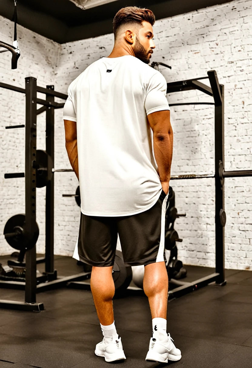 generate an image of loose t-shirt oversized model to post on Instagram and create an advertisement for oversized white gym t-shirts. The image should feature the t-shirts from the back, with people modeling them from the front and back. The focus should be primarily on the back, highlighting the back area for easy editing to add prints on the t-shirts. The environment should be a rustic, slightly dark gym setting to give an authentic workout atmosphere. The images should appeal to stylish individuals who go to the gym and consume gym-related clothing and products. The images should be well-defined and in high resolution. The primary focus should be on the back of the t-shirts, plain shirt
