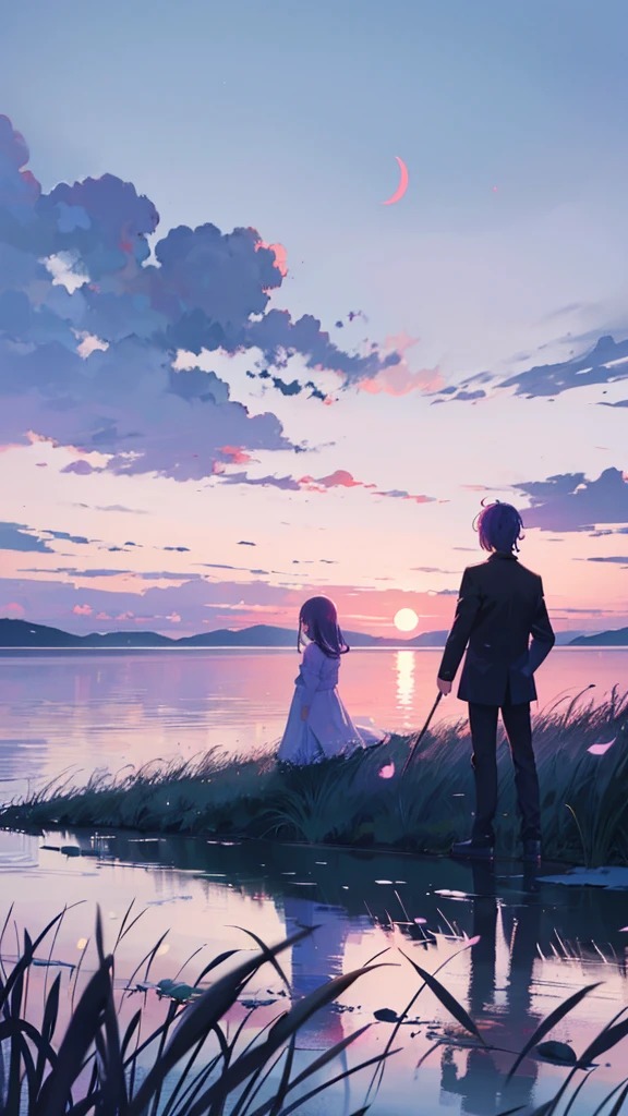 Create an image of a serene evening scene where two silhouetted figures are standing in a field. The sky is a gradient of colors from deep blue to purple and pink, indicating dusk. There's a crescent moon visible in the sky, and power lines are stretching into the distance. The figures appear contemplative as they gaze at the sky, capturing a moment of peacefulness amidst nature's beauty.