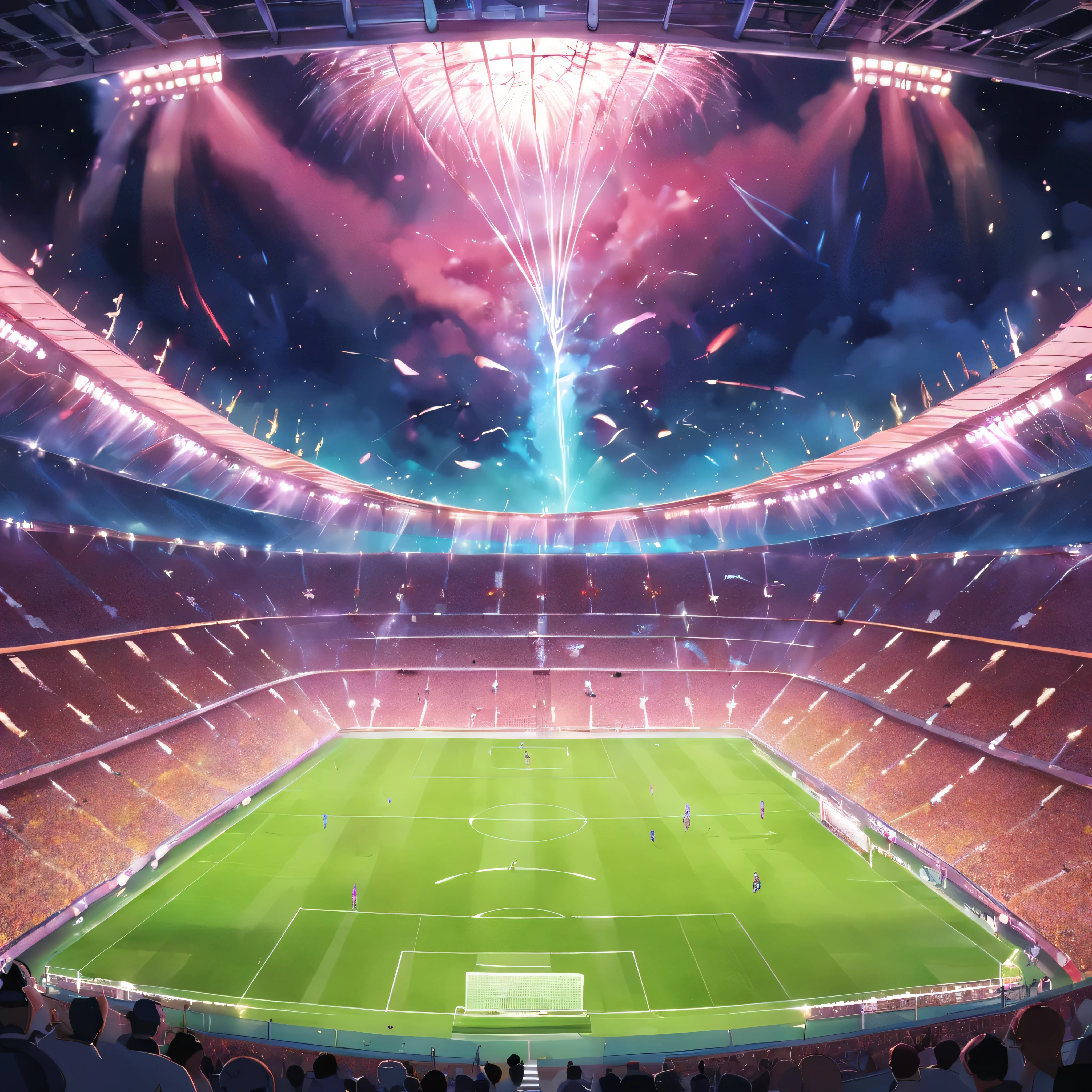 (((four skilled players fighting for football))), an exciting football match in a stadium full of spectators and spotlights, Passionate crowd, dazzling stadium spotlights, spectacular and electrifying moment, vibrant atmosphere, mexican theme, dessert theme, Fantasy Themed Stadium.
