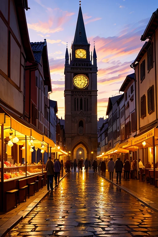 Ancient City at Dusk: An old town square with a clock tower marking the sunset. People walk slowly, as the golden sunlight illuminates the cobblestone streets. A central fountain adds a touch of tranquility to the setting.