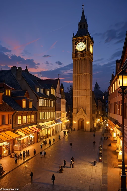 Ancient City at Dusk: An old town square with a clock tower marking the sunset. People walk slowly, as the golden sunlight illuminates the cobblestone streets. A central fountain adds a touch of tranquility to the setting.