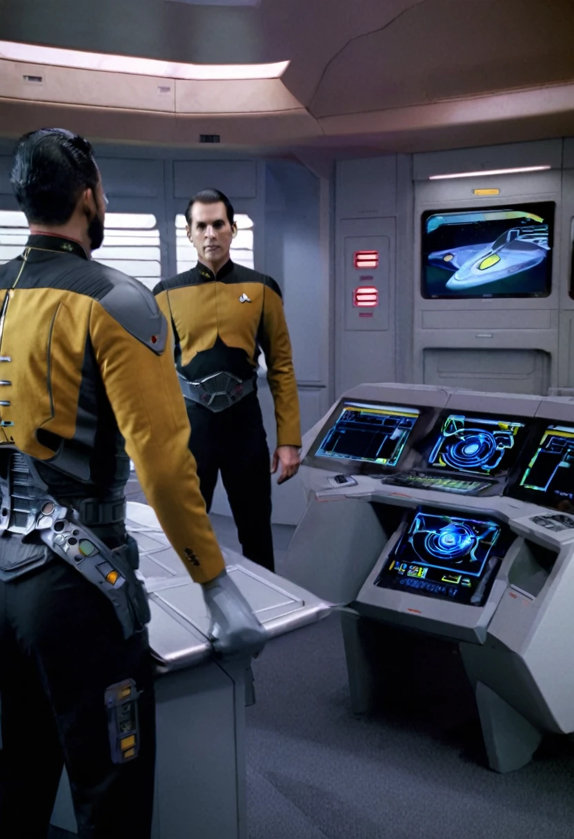 futurism, cinematic lighting, ray tracing, reflection light, Fujicolor, multiple views, wide shot, atmospheric perspective, best quality, highres, 1080P, retina, masterpiece, anatomically correct, textured skin, super detail, three sided view, (((whole person: 1.5))), (((one vulcan male: 1.2))), starship engineering officer in uniform, in the background large window with another starship firing on the Enterprise, Boots belt with weapon, computer consoles, screens, buttons, switches, touch screen, ((Starship Enterprise insignia on the chest: 1.4))
