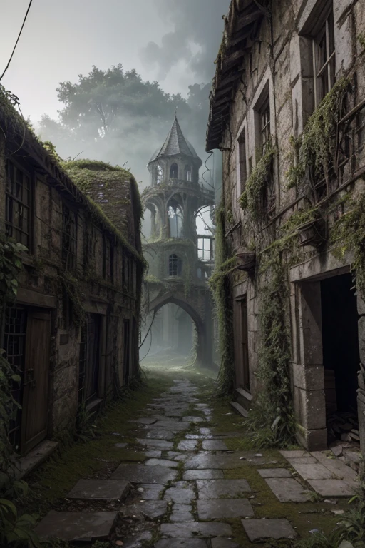 a medieval abandoned village, dilapidated buildings, overgrown with moss and vines, crumbling walls, cobblestone streets, gloomy atmosphere, cinematic lighting, mystical mood, muted color palette, dramatic shadows, moody fog, detailed textures, highly realistic, photorealistic, intricate architecture, sense of decay and neglect, best quality, 8k, masterpiece