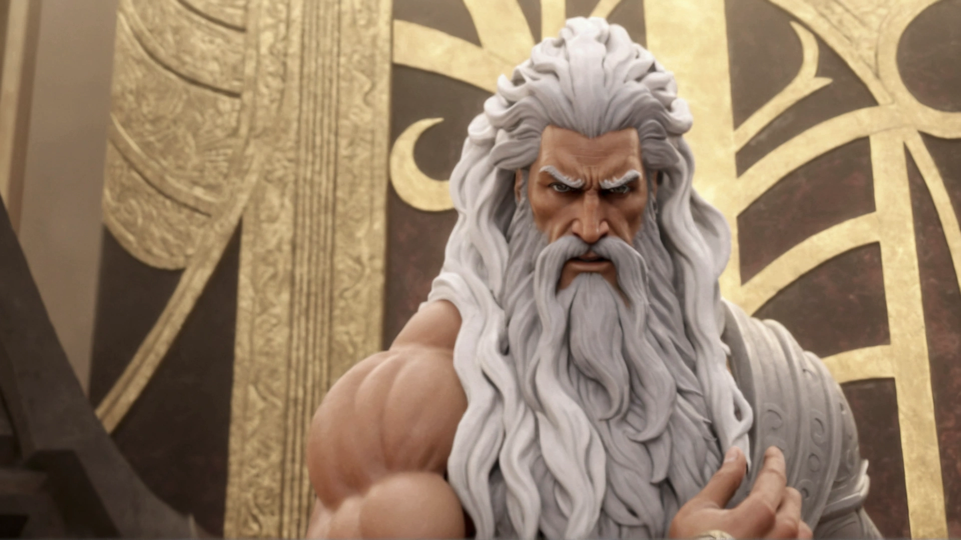 a close up of a statue of a man with a long beard, furious god zeus, dwayne johnson as god of war, epic scene of zeus, the god zeus, unreal engine render saint seiya, as a character in tekken, henry cavill as a greek god, elon musk as a greek god, greybeard, father time, anime cgi, ancient blacksmith god