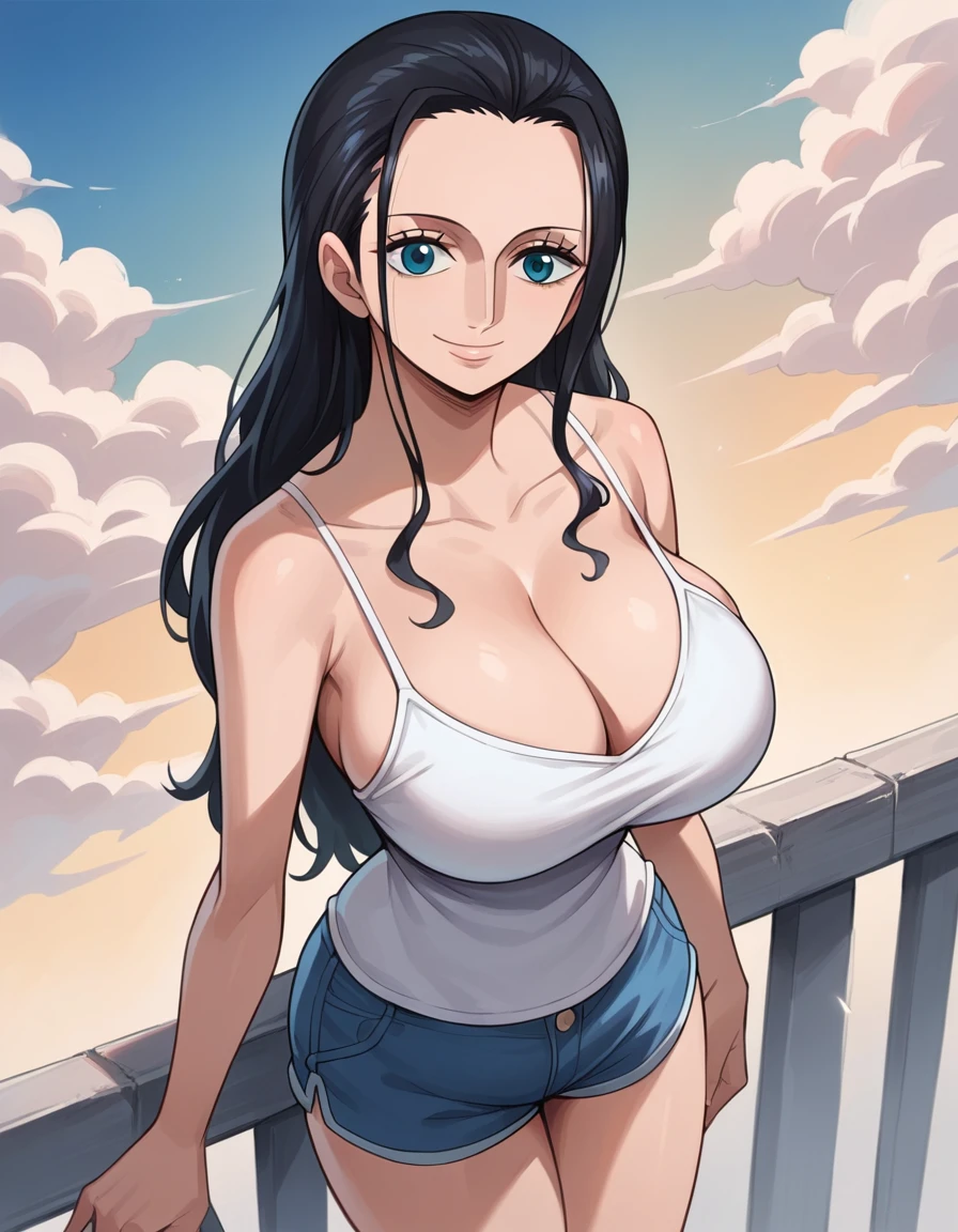 score_9, score_8_up, score_7_up, source_anime, best quality, clear face, 1girl, Nico Robin, black hair, long hair, blue eyes, large breasts, white camisole, shorts, cleavage, smile, looking at viewer, sky, standing, dynamic angle, breasts support on arm, breast on arm