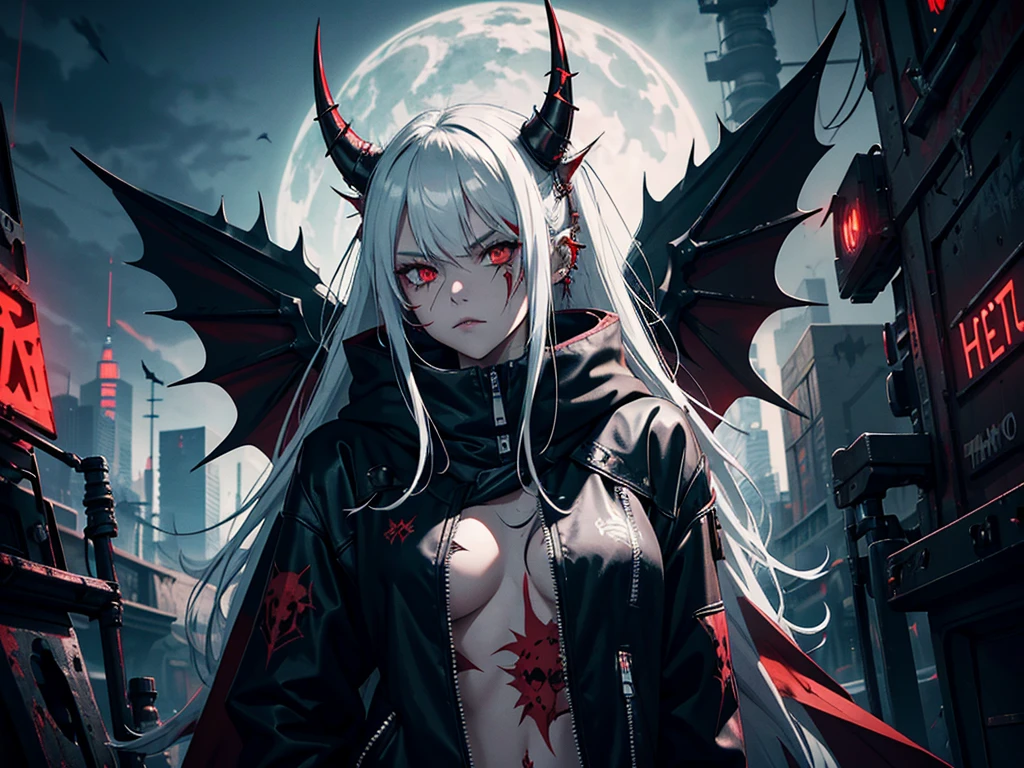 1girl, spiky messy white long hair, red eyes, mechanical eye, ear piercings, blood, tattoos, wearing black cyberpunk suit, wearing black fur cloak, bat wings, long mechanical horns, graveyard, night, high res, ultrasharp, 8k, masterpiece, looking at viewer