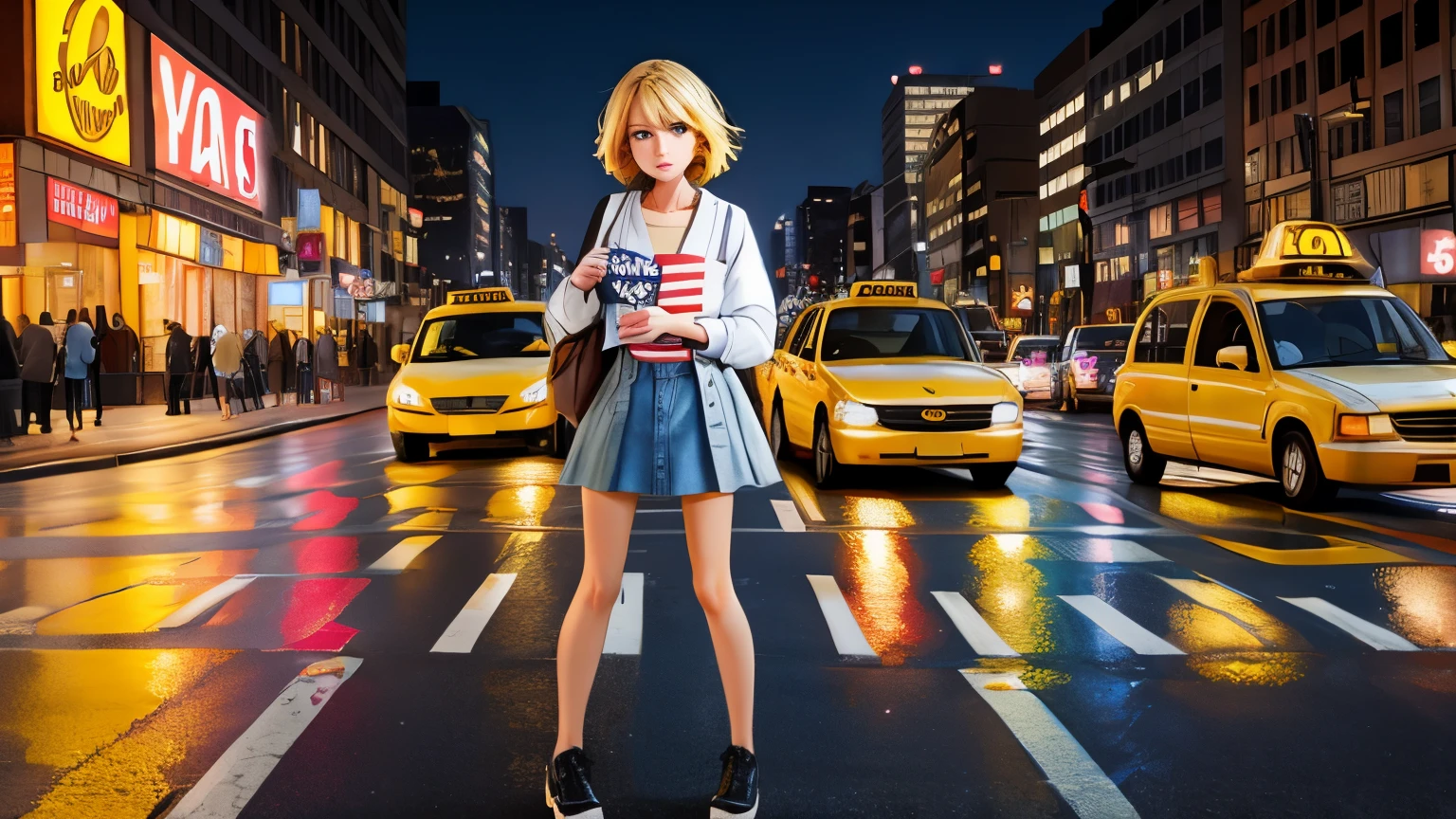 American beautiful blonde girl stands in the middle of a busy road, front view, A lot of cars, cars are moving, yellow taxi, night, фото Canon 5d
