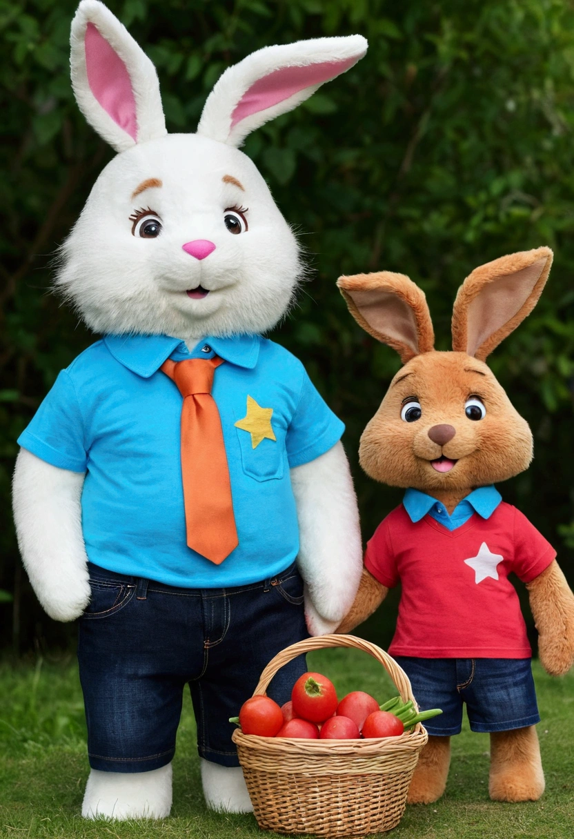 "Draw Max, Ben and Léo listening to Tina. Draw Max, the talking bunny with soft white fur, long pink ears inside, big bright blue eyes, wearing a small red tie and a blue collar with a carrot-shaped sign , next to Ben. Draw Ben, the brown bear with thick, soft fur, friendly smile, big brown eyes, wearing a blue and white striped t-shirt, jeans and a blue hat backwards. fluffy, rounded golden mane, big bright brown eyes, wearing a green t-shirt with a small star design on the chest and brown shorts, among them The setting includes a picnic blanket, food baskets and flowers around." Animals need to be real