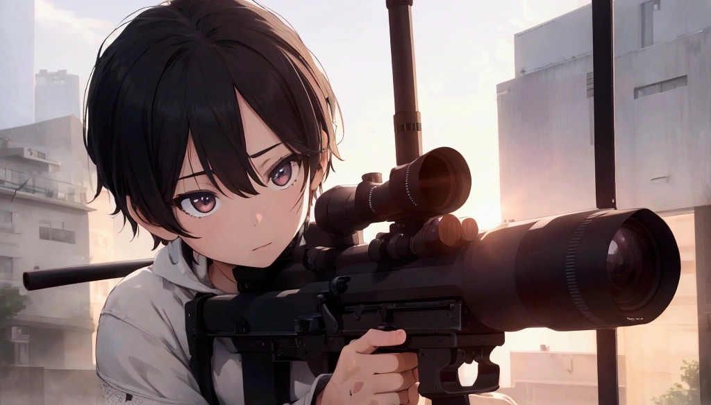 1boy, Sniper, he holds sniper rifle, prone, front view, looking at viewer, cinematic angle, realistic, hyper-realistic, photorealistic, (best quality,4k,8k,highres,masterpiece:1.2),ultra-detailed,(realistic,photorealistic,photo-realistic:1.37),studio lighting,vivid colors,dramatic lighting,