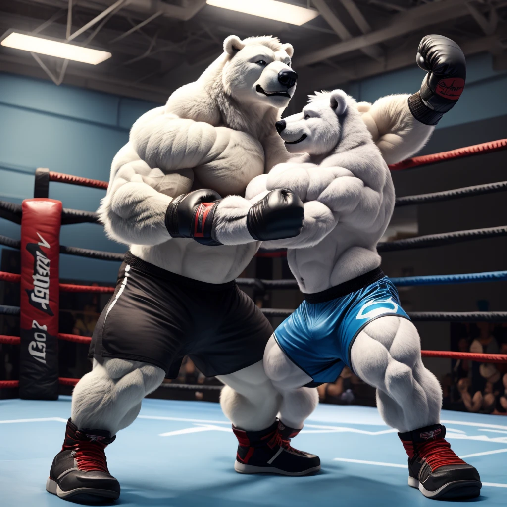 a highly muscular, shirtless polar bear with a huge, bulky physique, wearing only light blue MMA fighting shorts, fingerless gloves, and MMA footwear, performing intense kickboxing training at the gym, 1 male, high quality, highly detailed, short hair, wide pectorals, correct anatomy, photorealistic