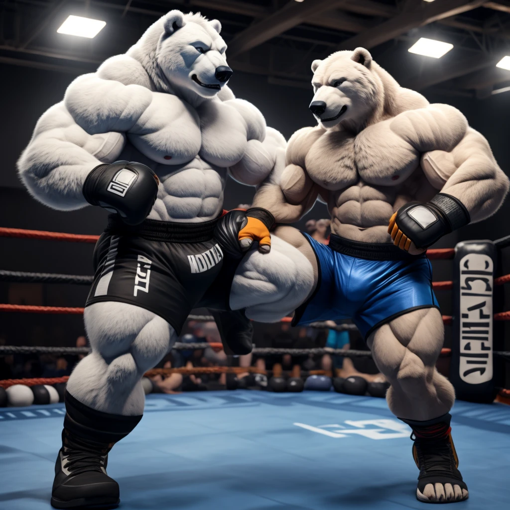 a highly muscular, shirtless polar bear with a huge, bulky physique, wearing only light blue MMA fighting shorts, fingerless gloves, and MMA footwear, performing intense kickboxing training at the gym, 1 male, high quality, highly detailed, short hair, wide pectorals, correct anatomy, photorealistic