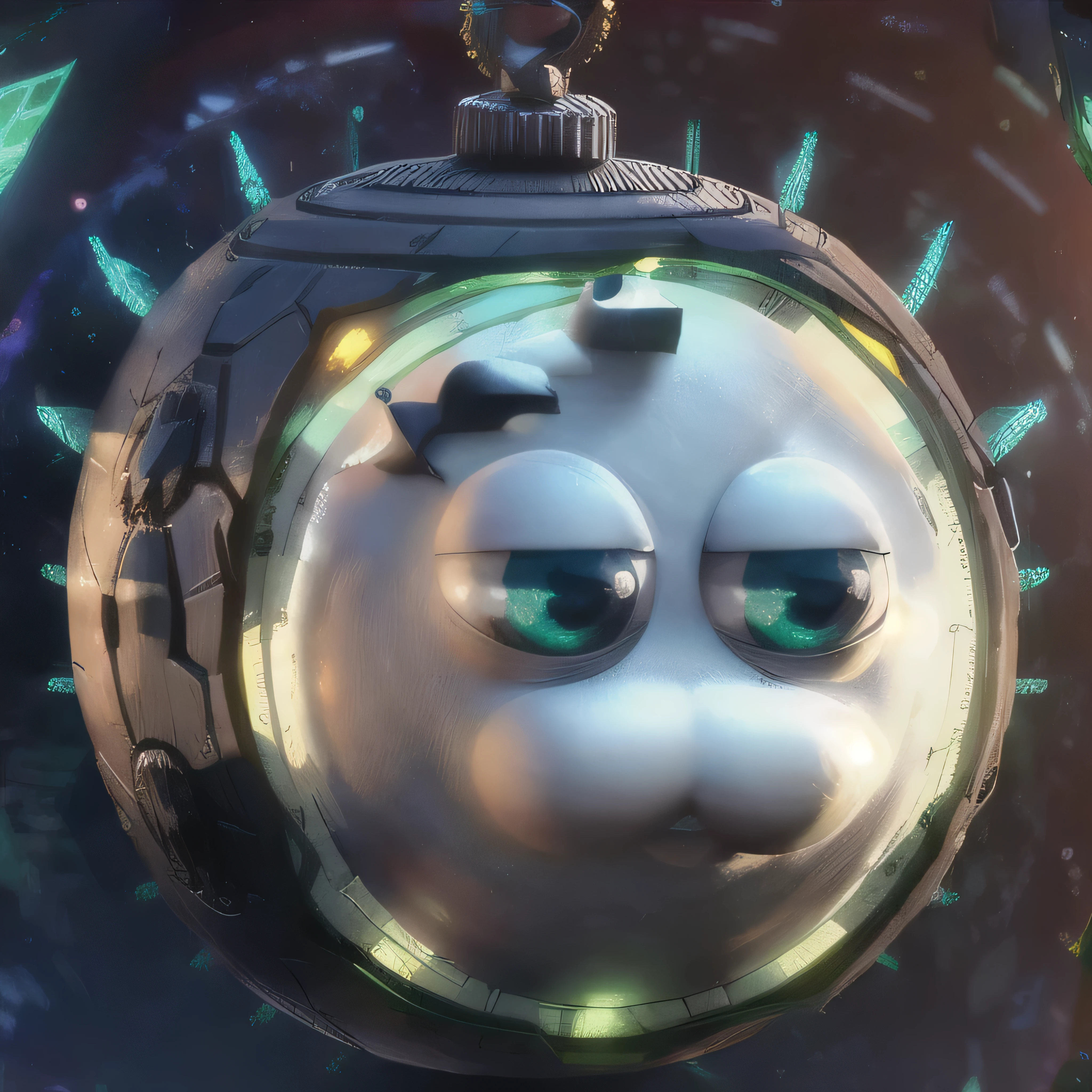 a robotic planet, round planet, with a white cat's face, covered with gray metal armor, symbol on the armor, a cylindrical robot on its head, blue holographic spikes levitating around it, in a galaxy