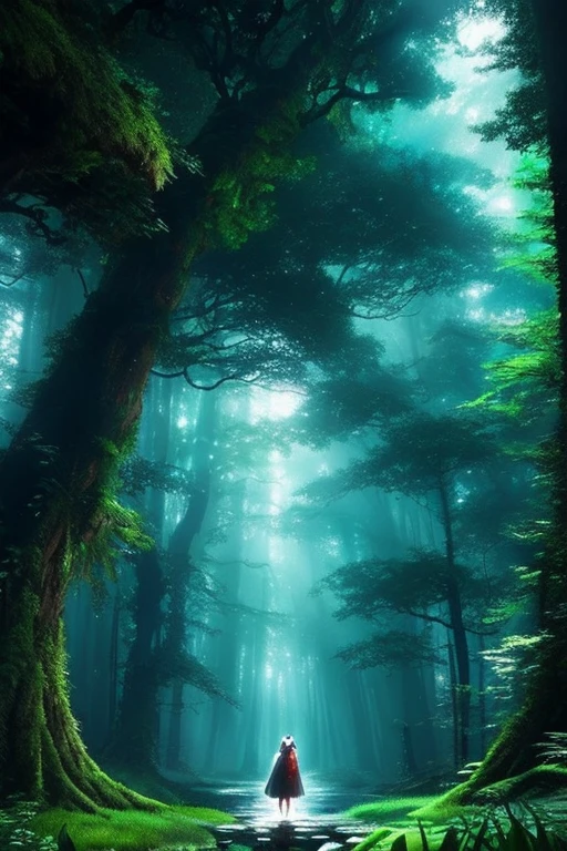 A detailed, highly realistic digital painting of the Princess Mononoke film. The scene depicts the young protagonist San, a human girl raised by wolves, standing in a lush, ancient forest. San has a fierce, determined expression, her face partially obscured by a wolf-like mask. She is surrounded by the fantastical forest spirits and creatures of the film, such as the giant forest spirit Nightwalker and the kodama tree spirits. The image captures the unique blend of nature, spirituality, and human-animal relationships that define the iconic Studio Ghibli film. The colors are rich and vibrant, with a painterly, almost ethereal quality. The level of detail in the characters, environment, and lighting is exceptional, fully immersing the viewer in the world of Princess Mononoke.