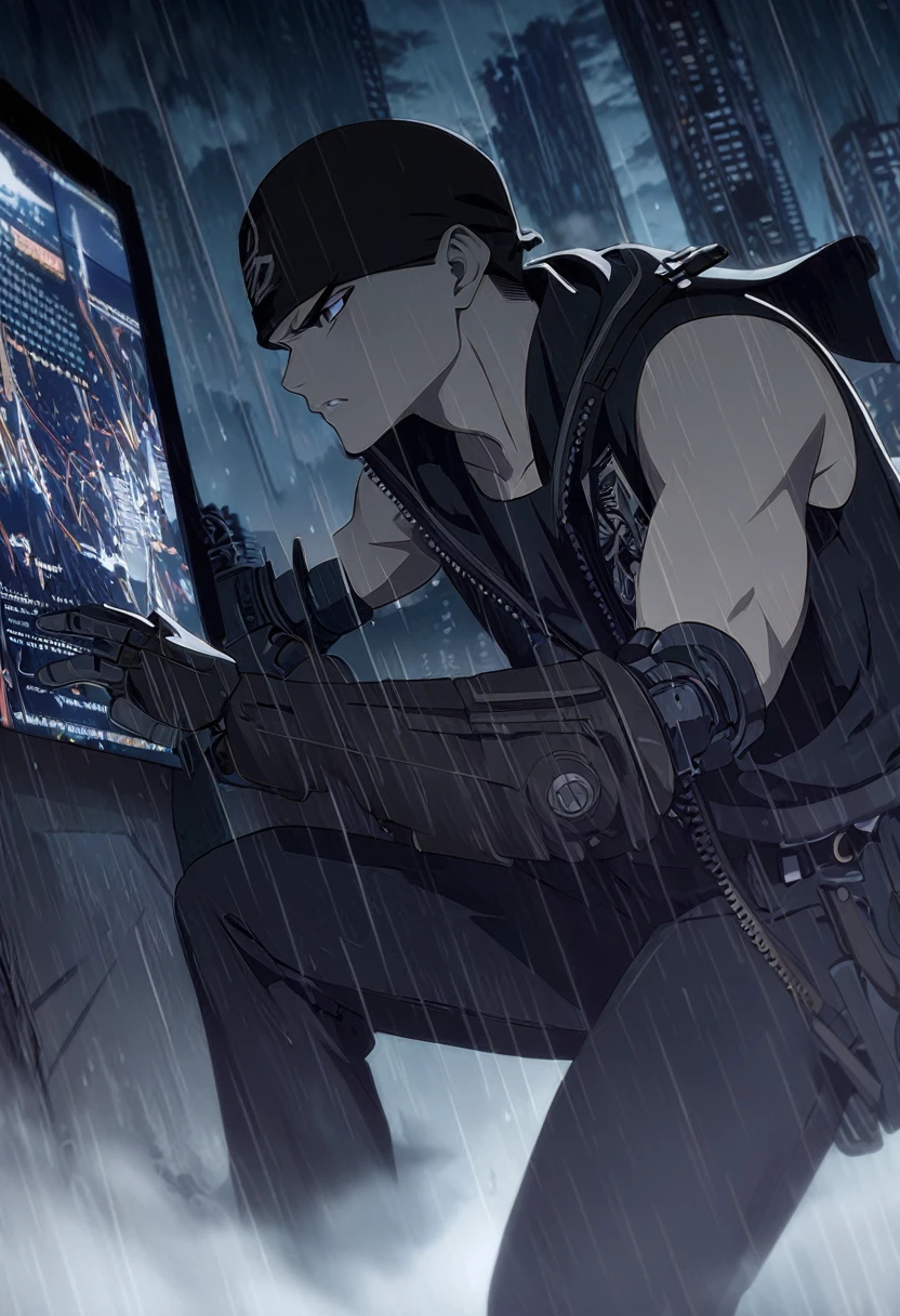 ((Work of art, extremely detailed, looking at screen, dark lighting)), 1 man, 20 years old, buzzcut hair, wearing a black bandana, serious look, in a fighting pose, extremely strong body, wearing a black sleeveless jacket open, mechanical left arm, wide black pants, rainy city scenery in the background.