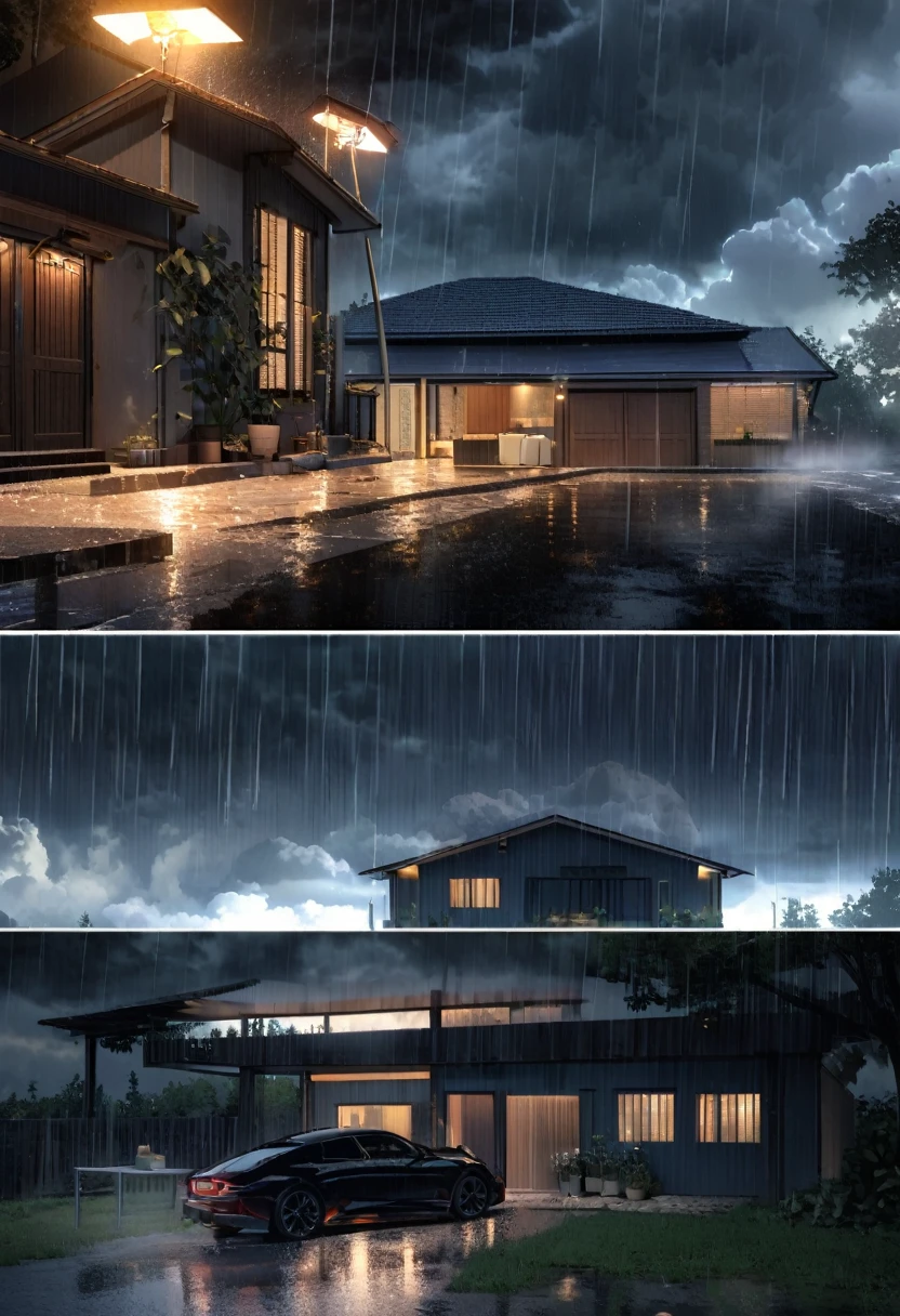 A tale of two contrasts: the stormy skies and the warm embrace of home. Outside, the clouds gather, threatening rain and thunder. Inside, the lights glow softly, creating a sanctuary of warmth and peace. It's in these moments that we realize, no matter the storm, home is our true refuge. all this information is regarding a car parking outside the house.