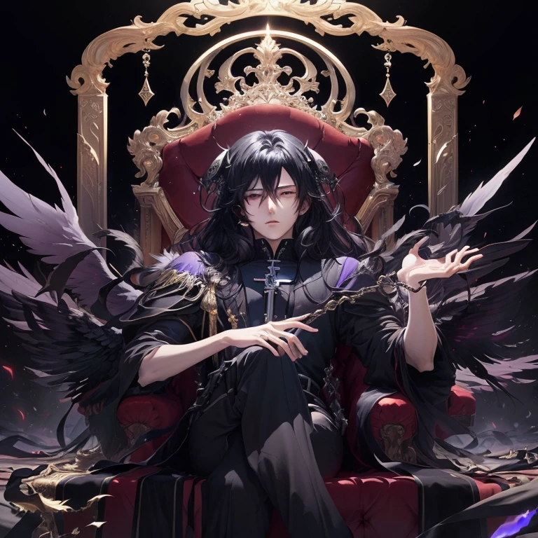 anime, anime, black hair, black wings, black dress, black hair, black wings, black wings, black wings, black hair, black wings, black, the former demon king, beautiful male god of death, detailed key anime art, albedo from the anime overlord, the king of death, detailed anime character art, key anime art