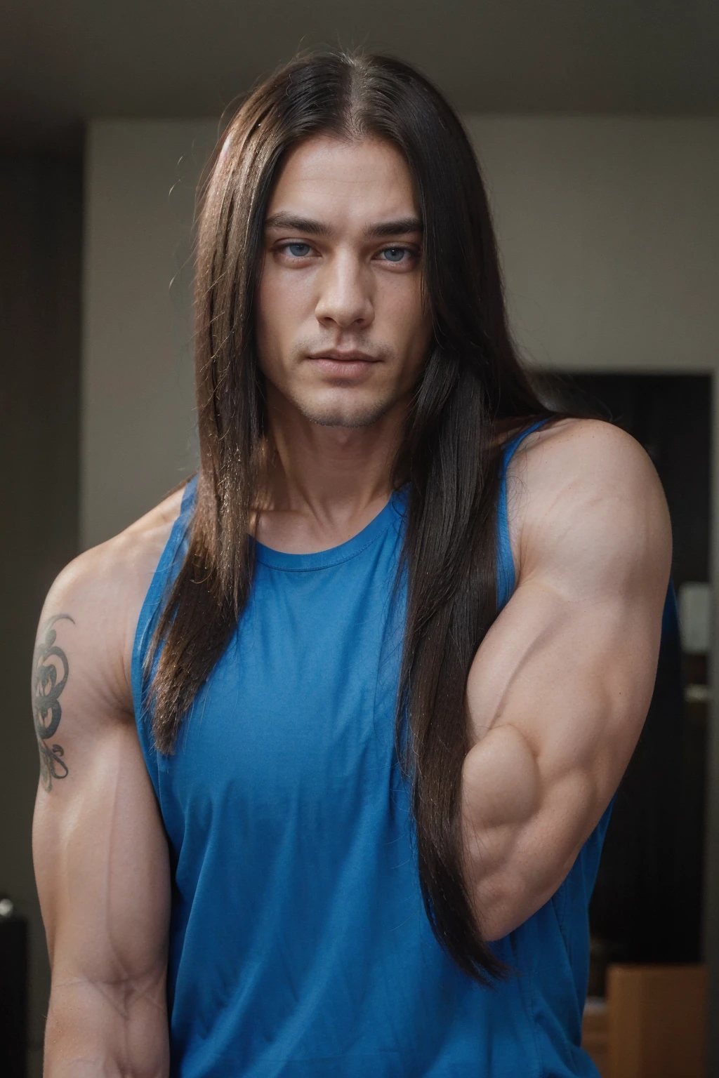 man, (male). man de 20 años de piel blanca como asiático de China, straight hair (Perfect natural straightening) jet black. His long hair haircut falls to the middle of his face. sky blue eyes. His left arm is completely tattooed. Full lips and perfect nose, (seductive look).
