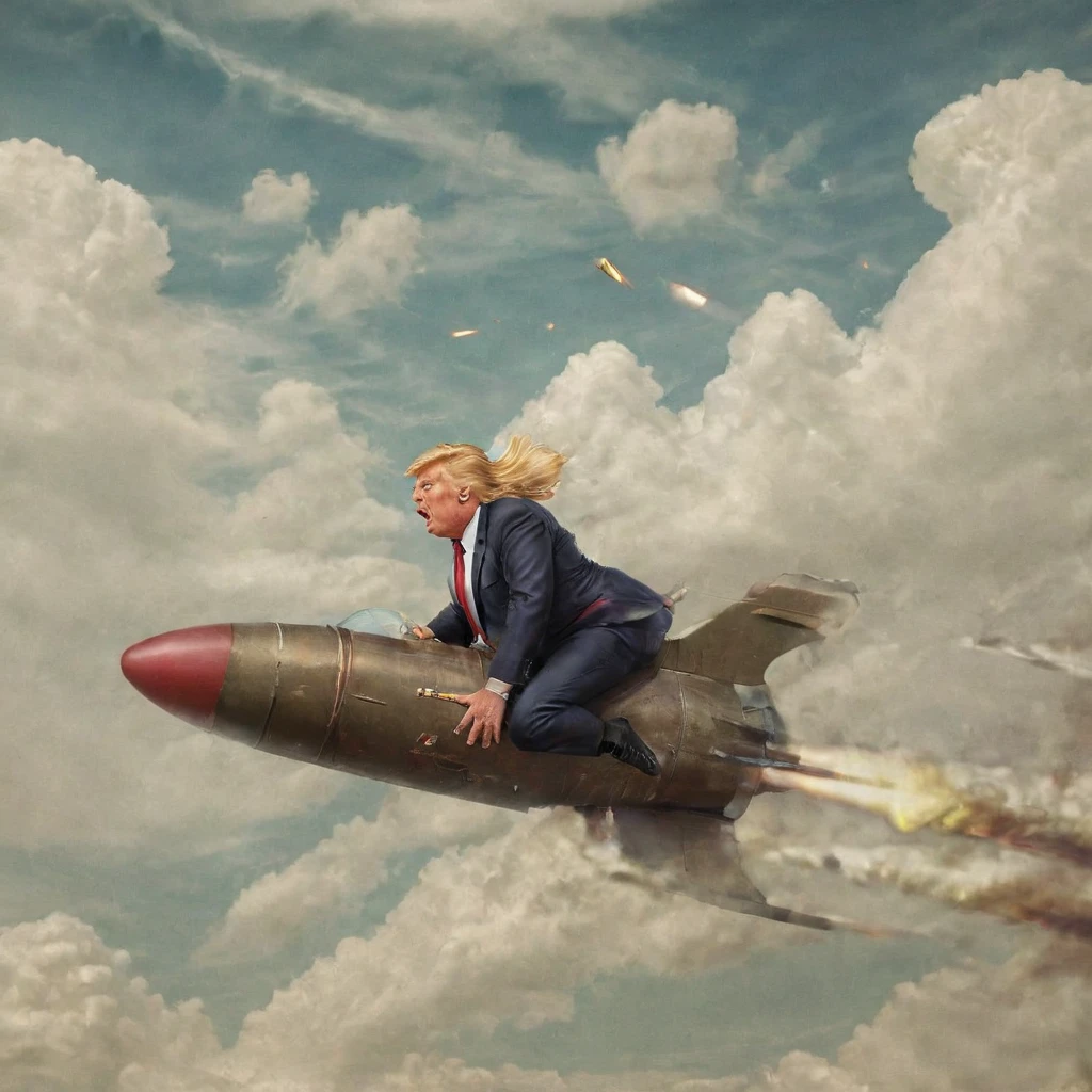 Fat old Donald Trump flying a bullet through the sky in a bullet, work of art,