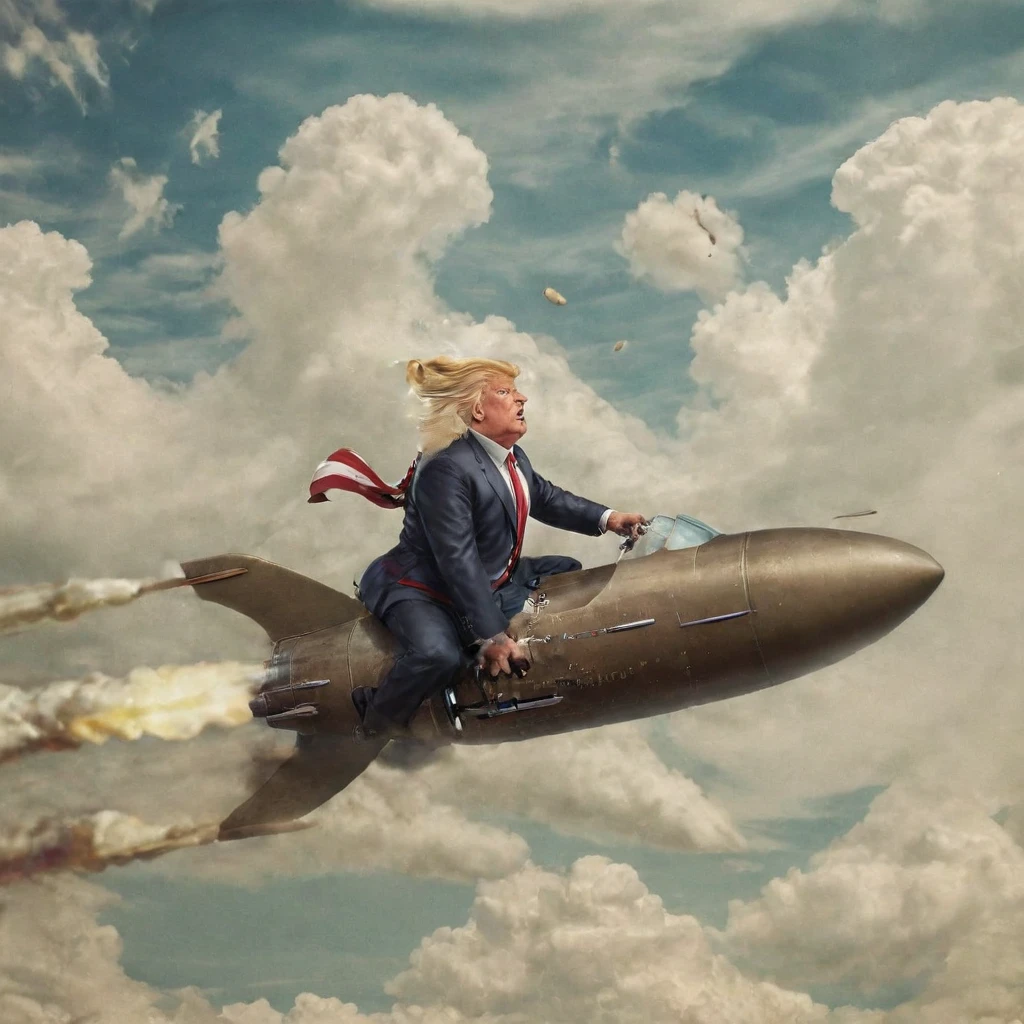 Fat old Donald Trump flying a bullet through the sky in a bullet, work of art,