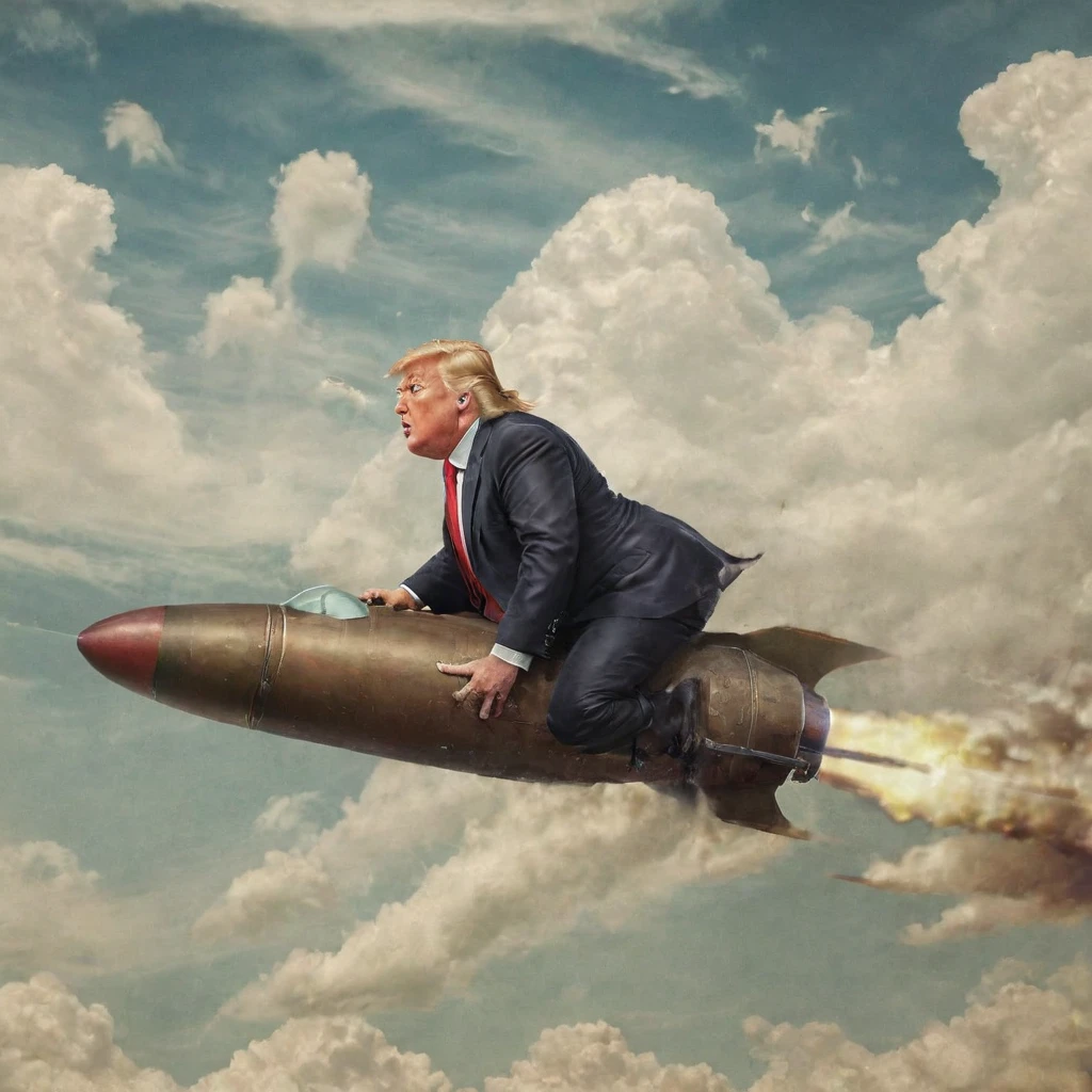 Fat old Donald Trump flying a bullet through the sky in a bullet, work of art,