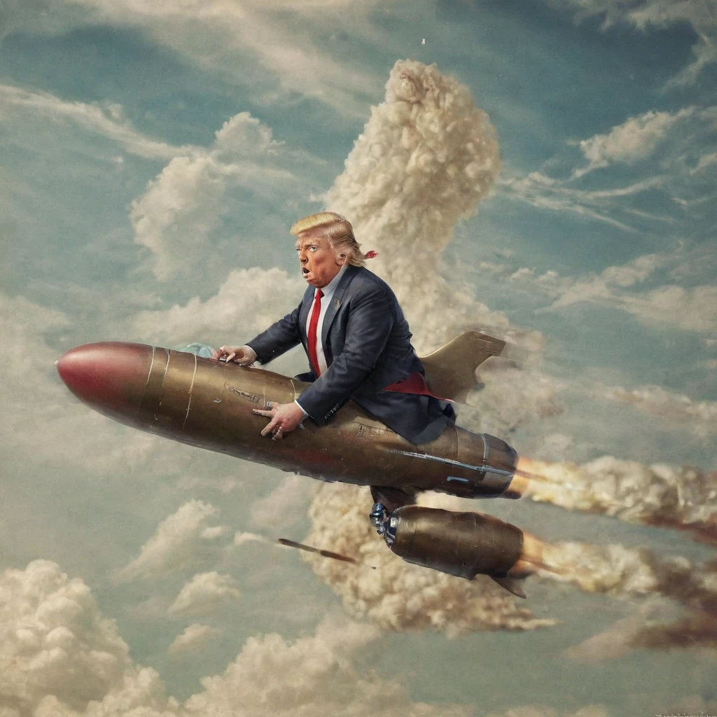 Fat old Donald Trump flying a bullet through the sky in a bullet, work of art,