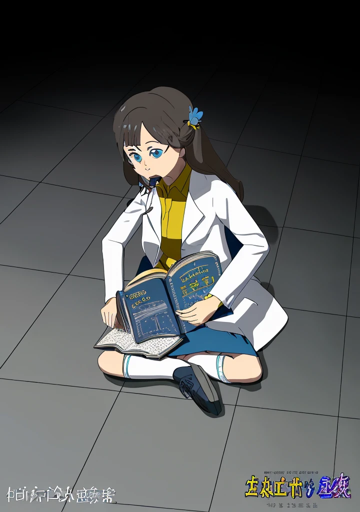 Girl, dark hair, blue eyes, flower hairpin, white lab coat, yellow shirt, blue skirt, black shoes, white socks, dark blue calculus book,writing,studying on the floor, half dark room