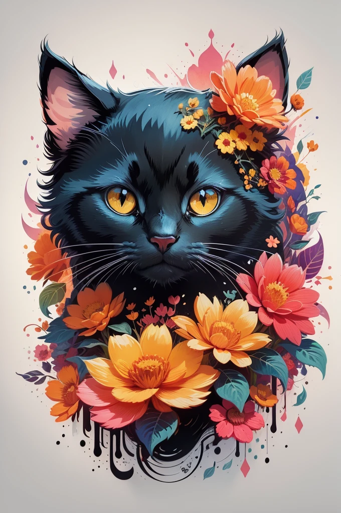 colorful flower ready vector t-shirt art of a cute black cat, frontal perspective, action photo, Color Vibrant, high détail, White background, Logo design, neo traditional tattoo style, 2d, flat vector with outline, design of character, Fantasyart, watercolor effect, digitalpainting, 8k, sticker