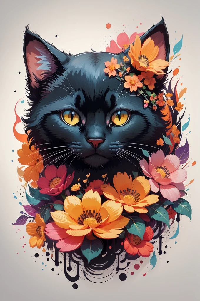 colorful flower ready vector t-shirt art of a cute black cat, frontal perspective, action photo, Color Vibrant, high détail, White background, Logo design, neo traditional tattoo style, 2d, flat vector with outline, design of character, Fantasyart, watercolor effect, digitalpainting, 8k, sticker