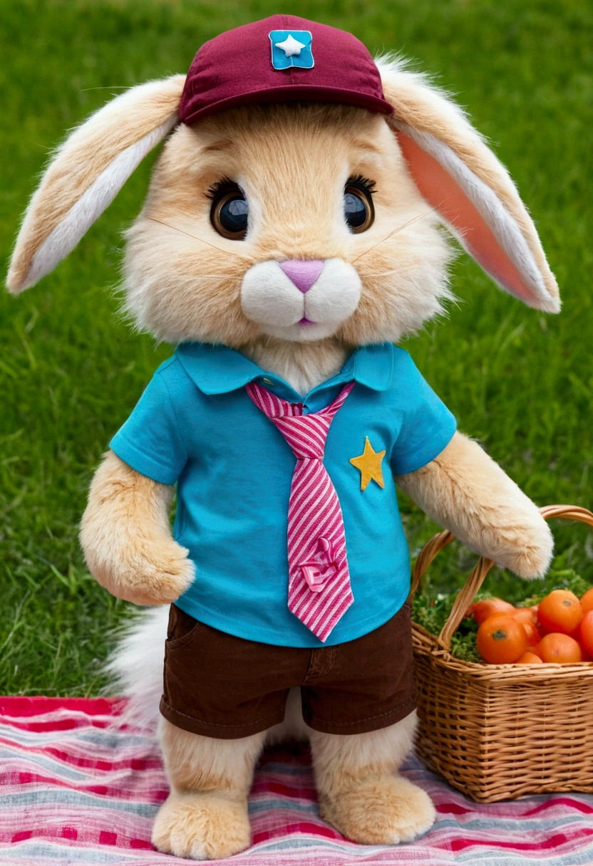 "Draw Max, Ben and Léo listening to Tina. Draw Max, the talking bunny with soft white fur, long pink ears inside, big bright blue eyes, wearing a small red tie and a blue collar with a carrot-shaped sign , next to Ben. Draw Ben, the brown bear with thick, soft fur, friendly smile, big brown eyes, wearing a blue and white striped t-shirt, jeans and a blue hat backwards. fluffy, rounded golden mane, big bright brown eyes, wearing a green t-shirt with a small star design on the chest and brown shorts, among them The setting includes a picnic blanket, food baskets and flowers around."