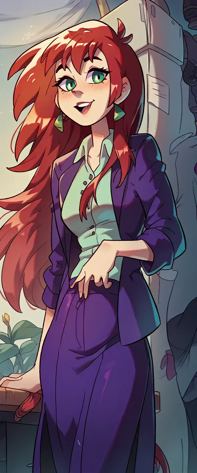 A cute, sexy, attractive, light-skinned girl dresses in red hair, a tousled cut, her green eye, and dresses in a purple button-down office coat and long purple skirt pants with a black heel.