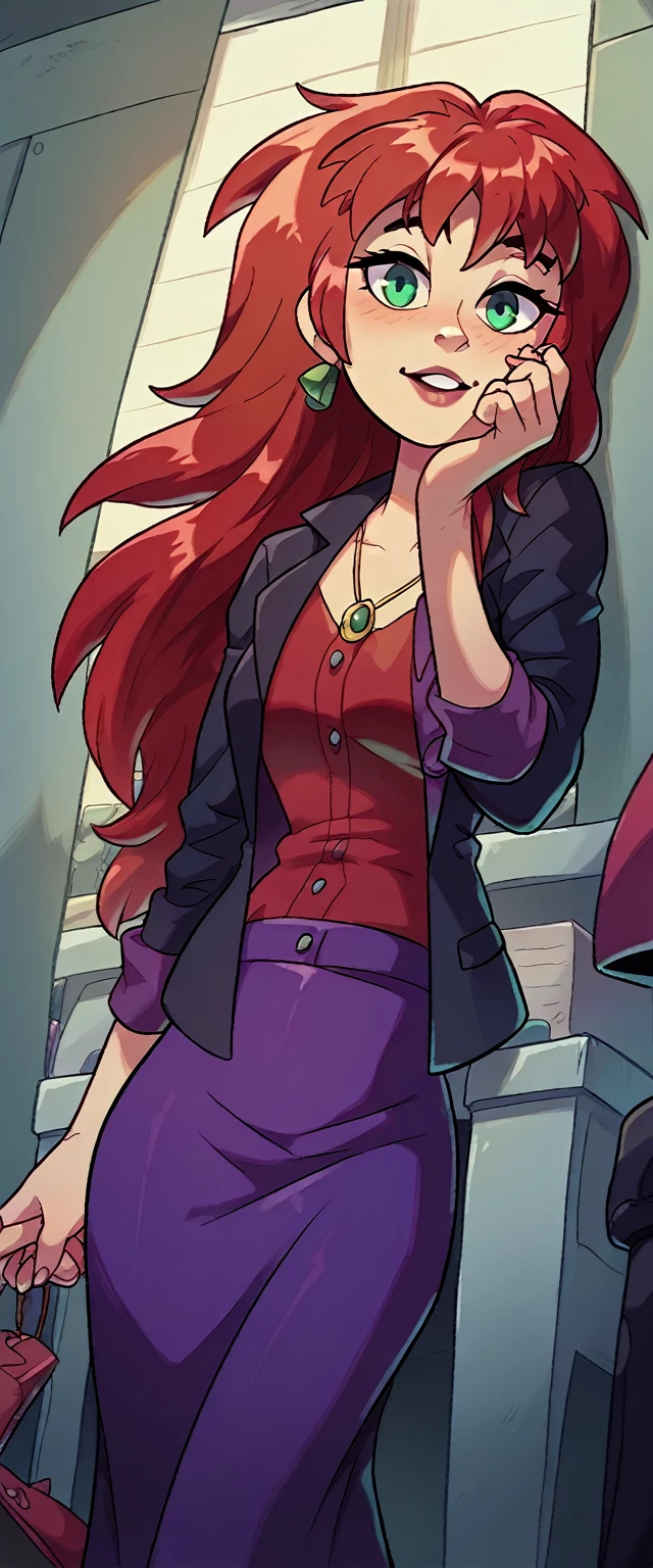 A cute, sexy, attractive, light-skinned girl dresses in red hair, a tousled cut, her green eye, and dresses in a purple button-down office coat and long purple skirt pants with a black heel.