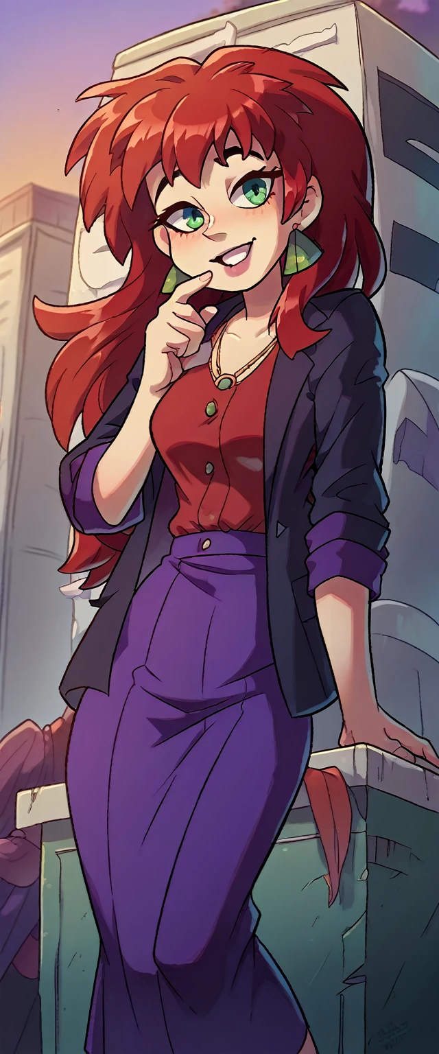 A cute, sexy, attractive, light-skinned girl dresses in red hair, a tousled cut, her green eye, and dresses in a purple button-down office coat and long purple skirt pants with a black heel.