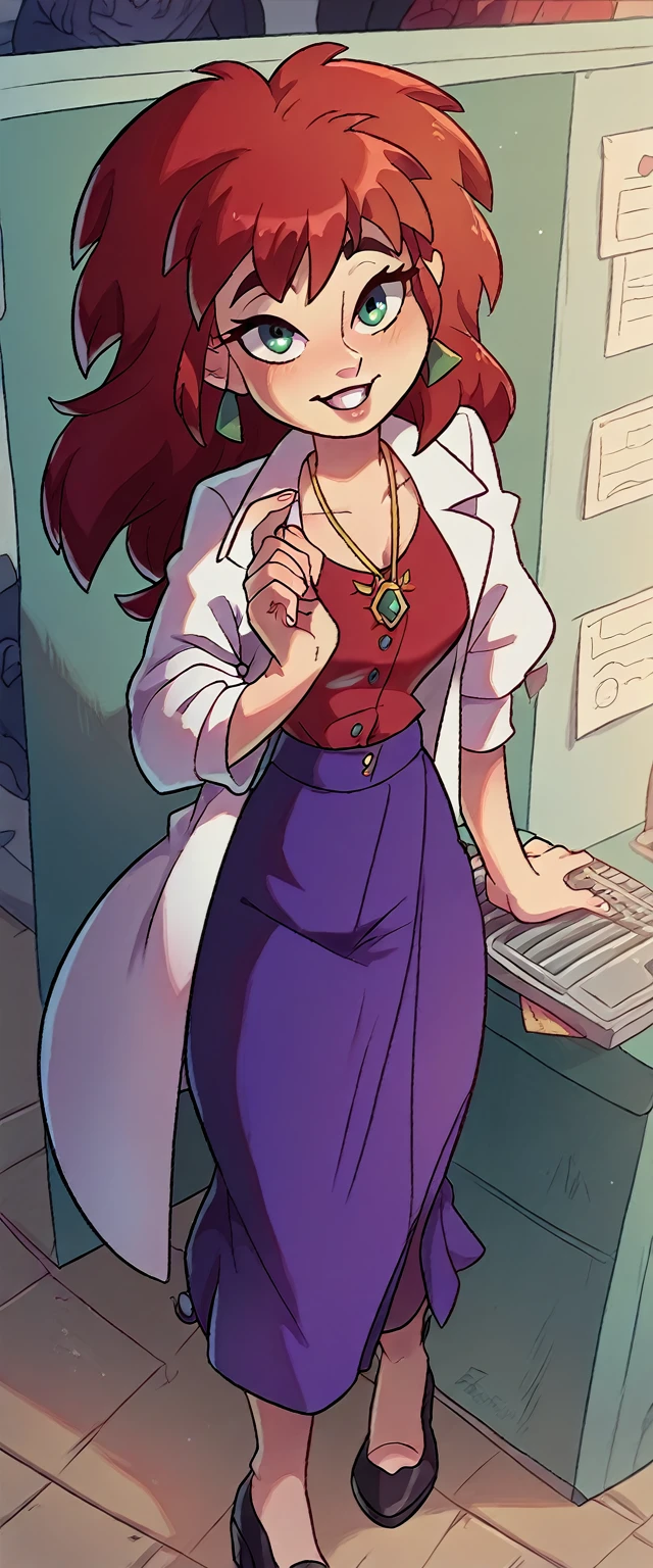 A cute, sexy, attractive, light-skinned girl dresses in red hair, a tousled cut, her green eye, and dresses in a purple button-down office coat and long purple skirt pants with a black heel.