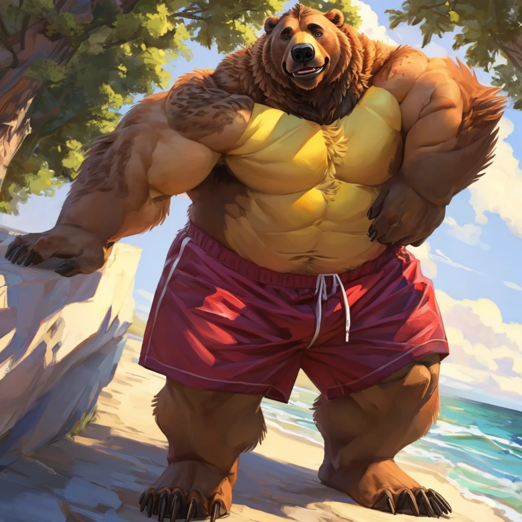 a anthropomorphic muscular grizzly bear in red swim trunks standing, high quality furry art, mid-shot of a grizzly bear torso.