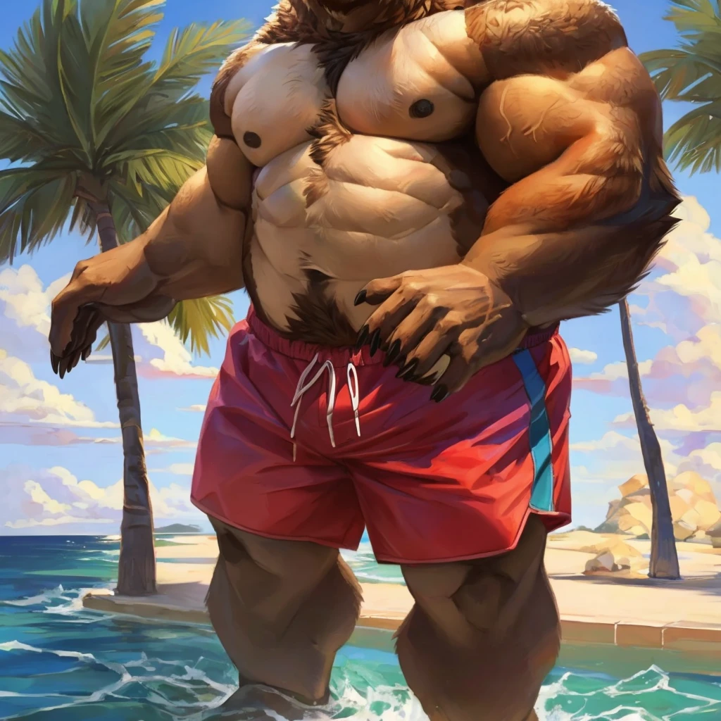 a anthropomorphic muscular grizzly bear in red swim trunks standing, high quality furry art, mid-shot of a grizzly bear torso.