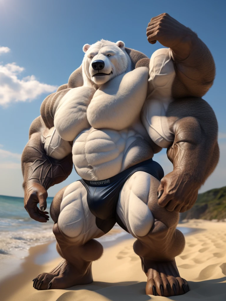 realistic, hyper realistic, detailed muscle,(furry White Polar Bear), good anatomy, masterpiece, art winner, beach, extremely huge muscular, massive muscular, full-body, well-muscled old man. ((extremely muscle size, super thick arms, huge pec, extremely wide pectoral , huge arms)). Black competitive briefs. and add details to make it attractive and interesting. Add textures and details to make the image more realistic, Make sure the resulting image is high resolution, 8K quality."