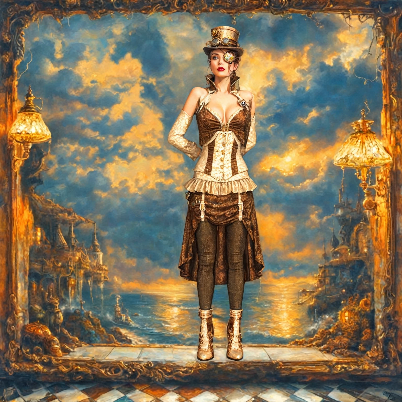 painting of a woman in a steampunk outfit standing in front of a painting, steampunk digital art, inspired by Michael Cheval, steampunk fantasy style, steampunk pin-up girl, inspired by John Atkinson Grimshaw, steampunk girl, a steampunk beautiful goddess, steampunk style, in a steampunk world, inspired by Chica Macnab, steampunk imagery themed, digital steampunk art