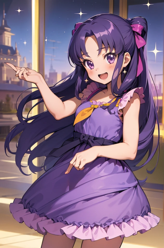 masterpiece, best quality, absurdres, perfect anatomy, 1girl, solo, hikawaIona, long hair, cute, long dress, purple dress, frills, bow, :d, sparkles, sparkling, smile, indoors, standing, 