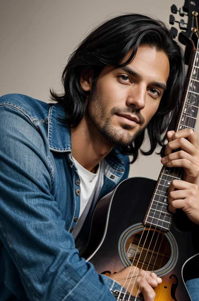 A tall man with shoulder-length black hair and beautiful honey-colored eyes., playing a blue guitar