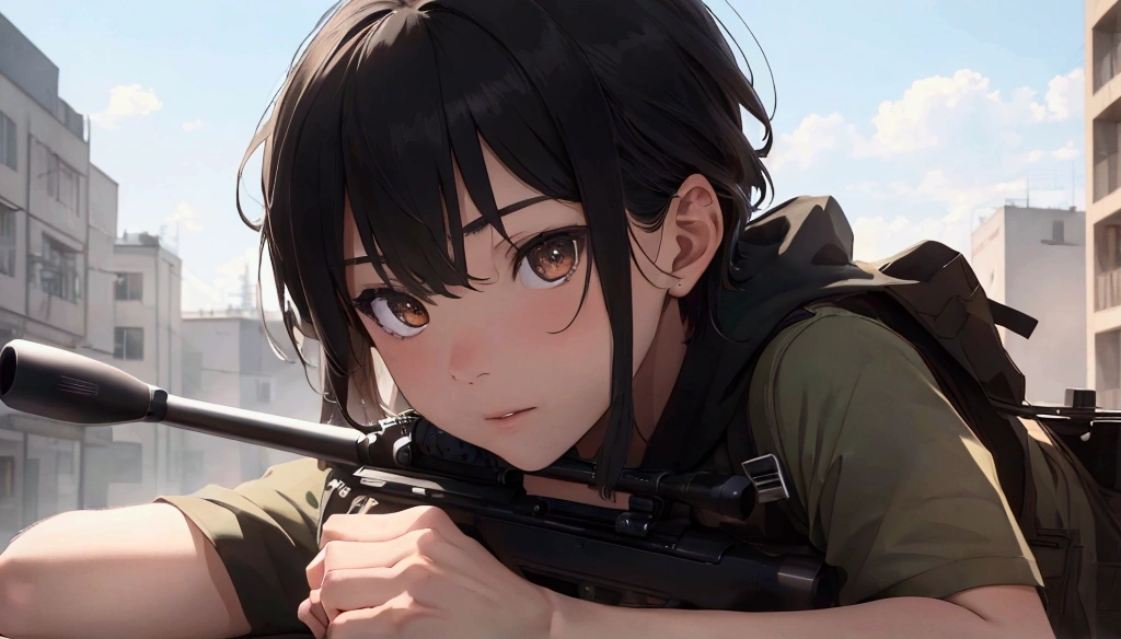 1boy, Sniper, he holds sniper rifle, prone, front view, looking at viewer, cinematic angle, realistic, hyper-realistic, photorealistic, (best quality,4k,8k,highres,masterpiece:1.2),ultra-detailed,(realistic,photorealistic,photo-realistic:1.37),studio lighting,vivid colors,dramatic lighting,