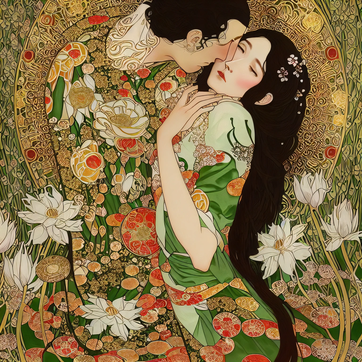 arafed woman in a kimono dress hugging a man in a field of flowers, mucha klimt and tom bagshaw, inspired by Takato Yamamoto, takato yamamoto aesthetic, botticelli and victo ngai, style of takato yamamoto, korean art nouveau anime, by Takato Yamamoto, inspired by Itō Shinsui