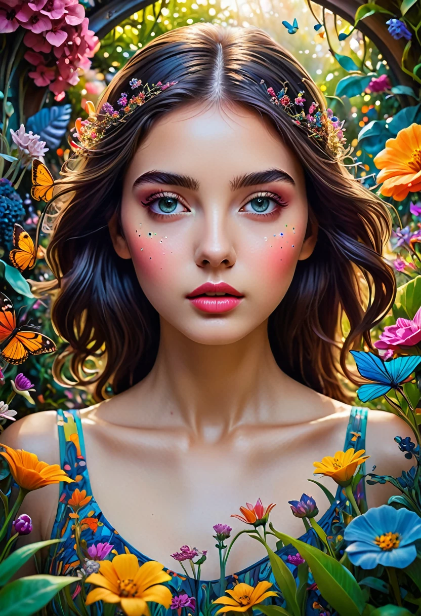 a girl, bright eyes and ultra-long eyelashes, in a surreal and intricate garden of infinite possibilities, lost in a chaotic and unpredictable world, surrounded by vibrant and mesmerizing colors. The garden is filled with unique and quirky plants and creatures, creating a sense of wonder and curiosity.
The girl has deep, expressive eyes, beautifully detailed, capturing the essence of her emotions and thoughts. Her lips are also beautifully detailed, reflecting her innermost desires and dreams. She has an aura of mystery and intrigue, drawing people to her. Her face is extremely detailed, with long eyelashes that add to her captivating presence.
The garden is made with the highest level of skill, resembling a masterpiece of art. It combines multiple mediums such as illustrations, oil paintings, and 3D renderings, creating a visually stunning and immersive experience.
Every corner of the garden is filled with ultra-detailed elements, from the intricate textures on the flower petals to the fine details. The level of detail is so high that it looks almost realistic and photorealistic. The colors are bright and vibrant, with neon highlights that add a touch of excitement and futuristic aesthetics.
In perfect half length, the girl wanders through the garden, she is surrounded by an epic and complex landscape. The sky is filled with an abundance of stars, creating an ethereal and dreamlike atmosphere. The transition between day and night is captured in the late afternoon where the colors blend harmoniously, creating a feeling of tranquility and serenity.
This ultra HD artwork is a true masterpiece, capturing the essence of the girl's journey through the garden of random wonders. It is a visual representation of the infinite possibilities that exist in our dreams and the beauty that can be found in the most unexpected places.