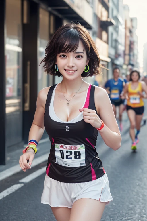 girl, White skin, ((Dark brown short tiered hair)), V cut with layers and bangs, Brown eyes, Soft atmosphere characteristics (Highest quality, Ultra-high resolution, 8k, RAW Photos, Ultra-high resolution: 1.2, masterpiece: 1.3), (Realistic, Realistic: 1.37), Very detailed, Professional Lighting, Photon Mapping, Radio City, 物理ベースレンダring, One Girl, (high school girl), Sharp focus:1.2、Beautiful woman:1.4,cute, Nice, Adorable smile, Normal chest, Cross Necklace、Earrings、ring,(Cleavage)、((Dark brown short hair)),(A cute toothy smile),(((( Colorful marathon wear, In town, Marathon Course, Lots of runners, Sweaty expression, Rootedness, Pause: Running a marathon)))