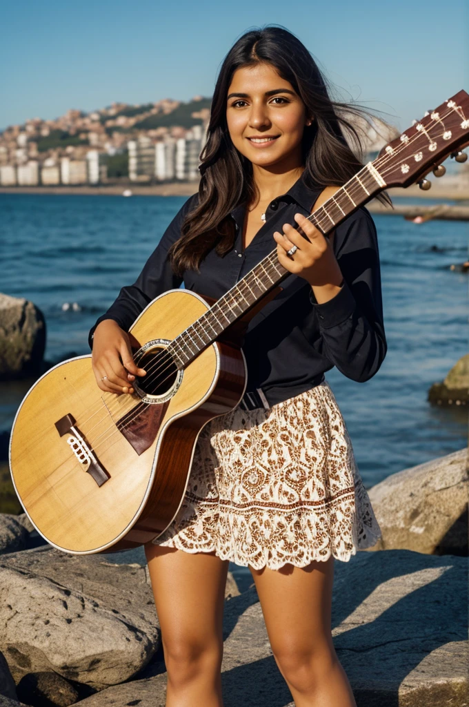 Create a logo with the name Gabriela RC with a charango and microphone plus a seagull